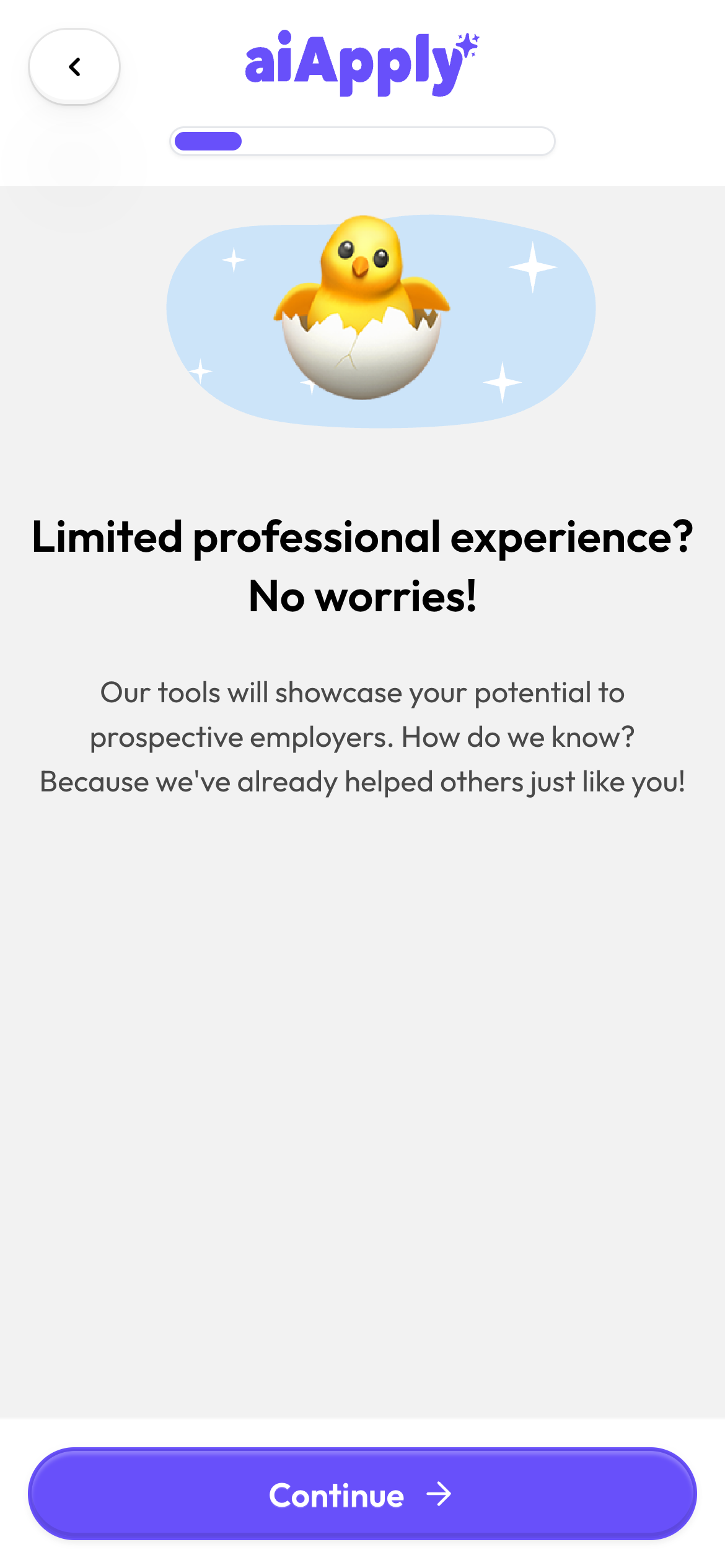 aiApply quiz interstitial: Limited professional experience? No worries!