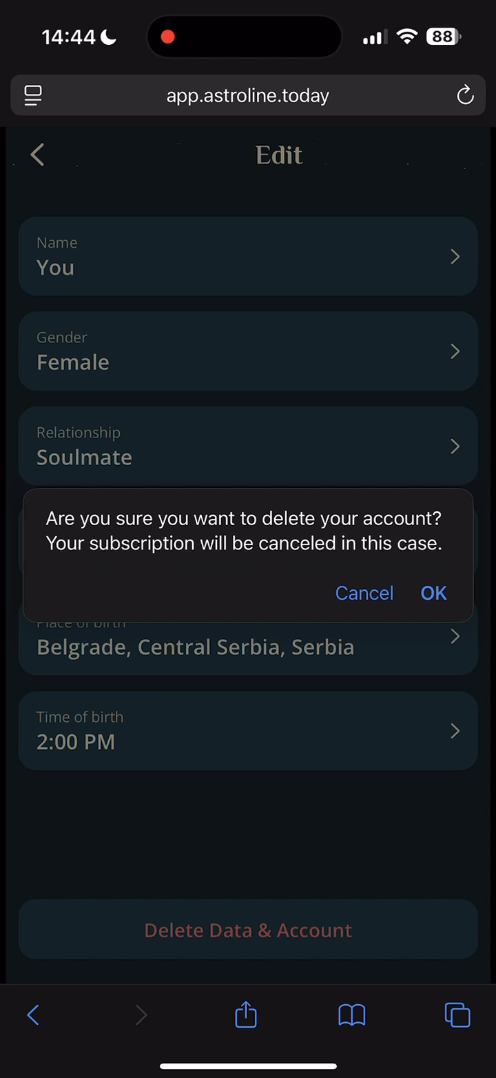 Astroline delete account alert