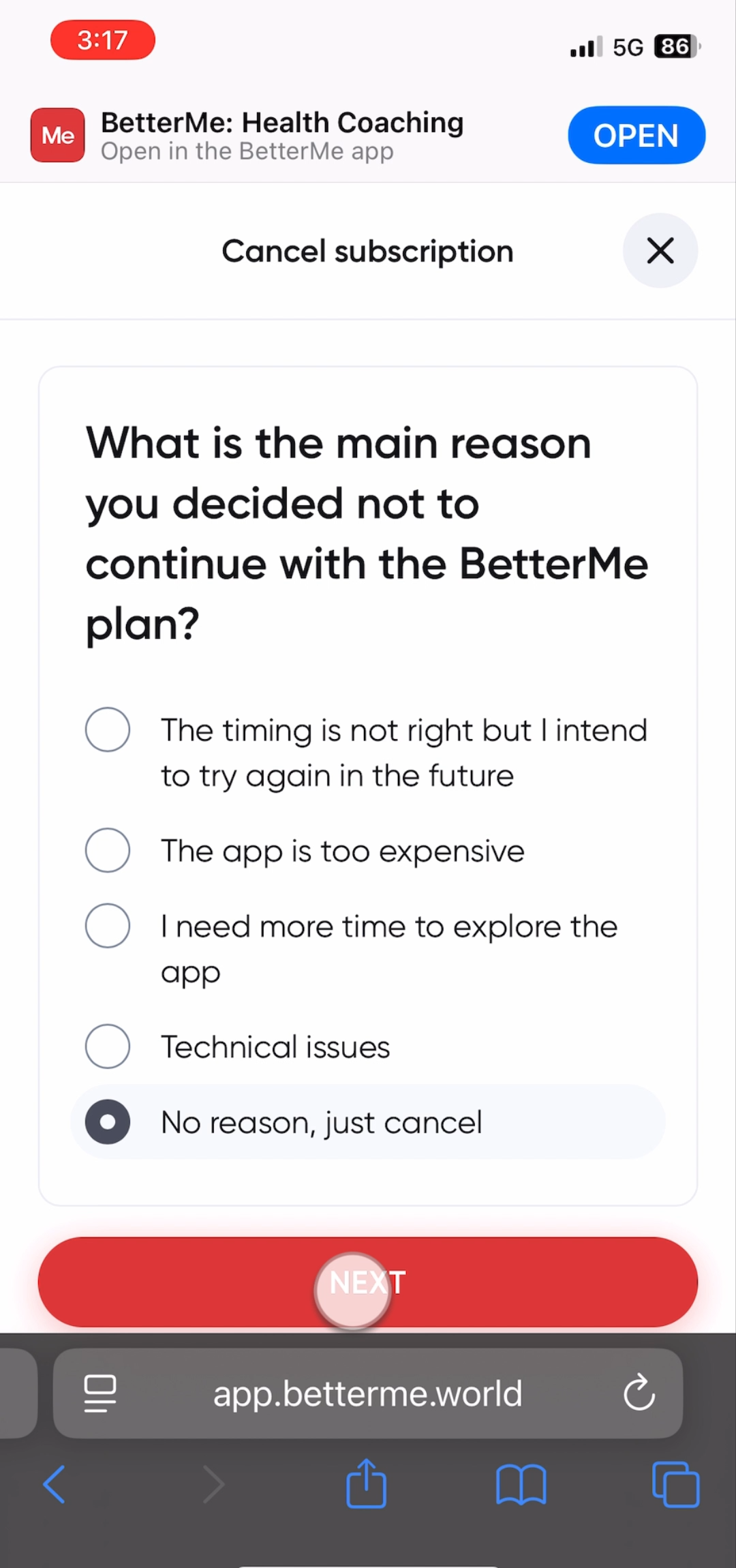 BetterMe cancellation reason survey