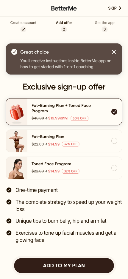 BetterMe add-on programs upsell