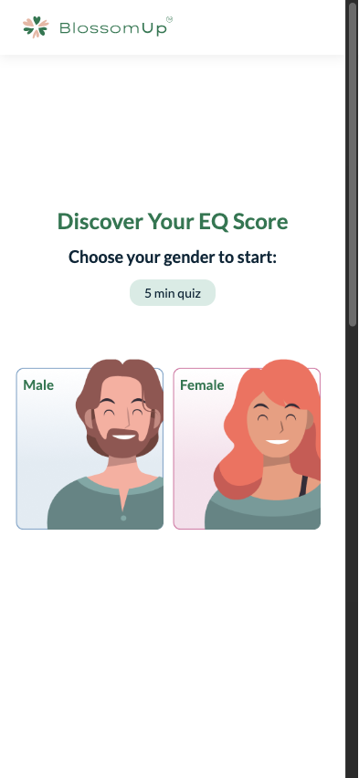 Blossom Up EQ test (CAI, complexity 3): screen 1 of 102 before a €1.95 paywall. Blossom Up's 14 captured funnels run 46 to 118 steps for the same product.