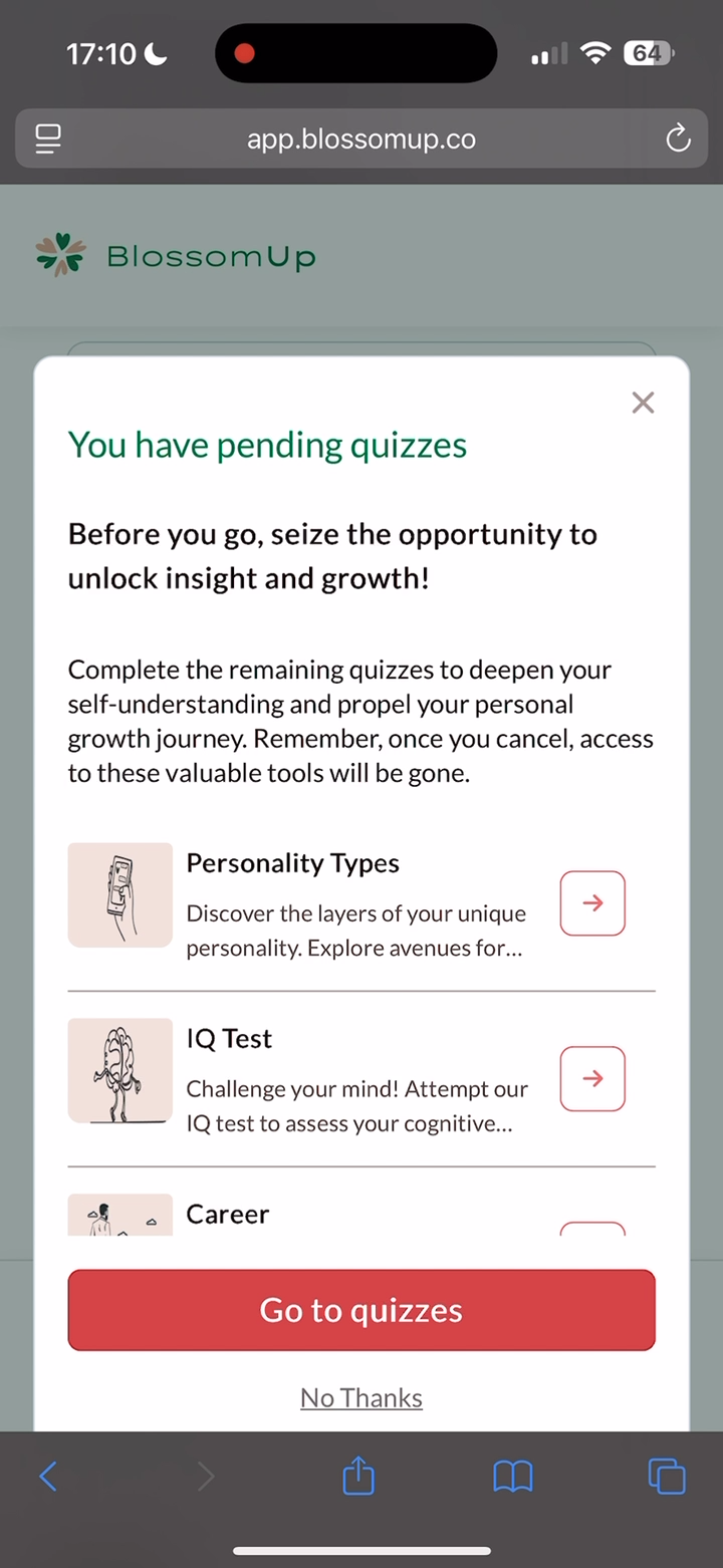 Blossom Up pending quizzes