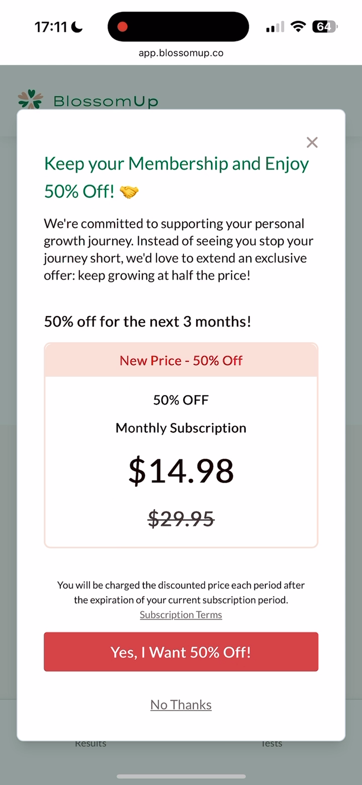 Blossom Up 50% off retention offer