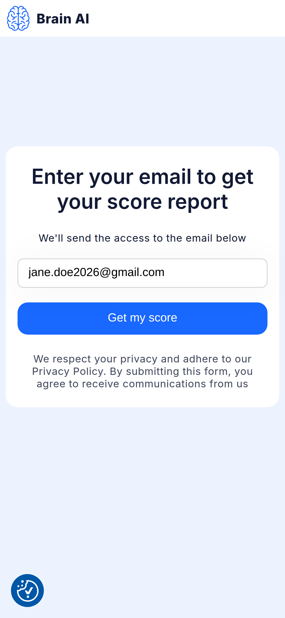 Brain AI email gate at screen 70 of 100