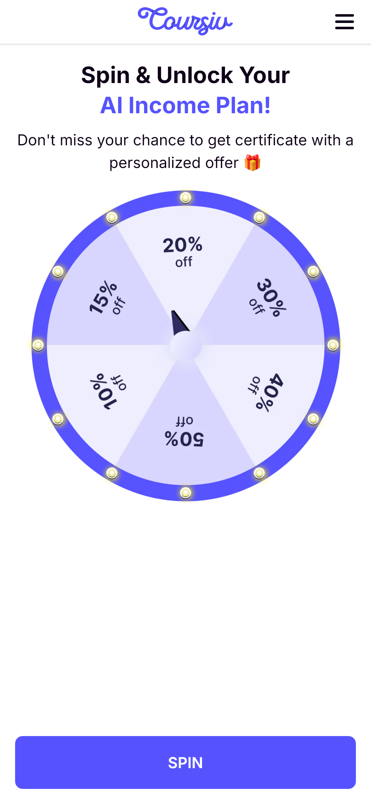 Coursiv spin wheel, segments 10 to 50 percent, March 2026
