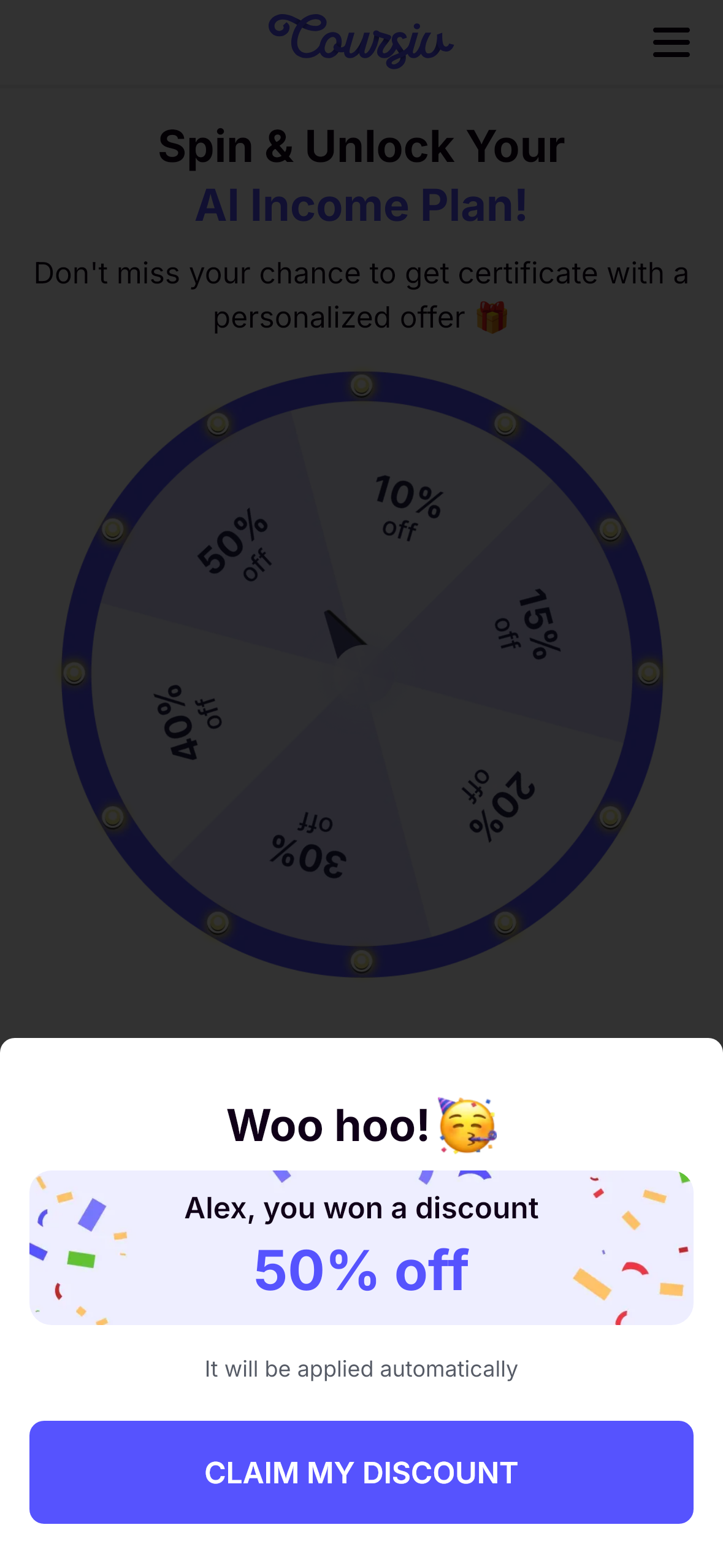 Coursiv wheel result: Alex won 50 percent off, March 2026