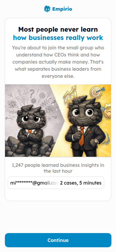 Empirio screen 42 of 43: social proof ticker with masked emails just after the email gate at screen 39
