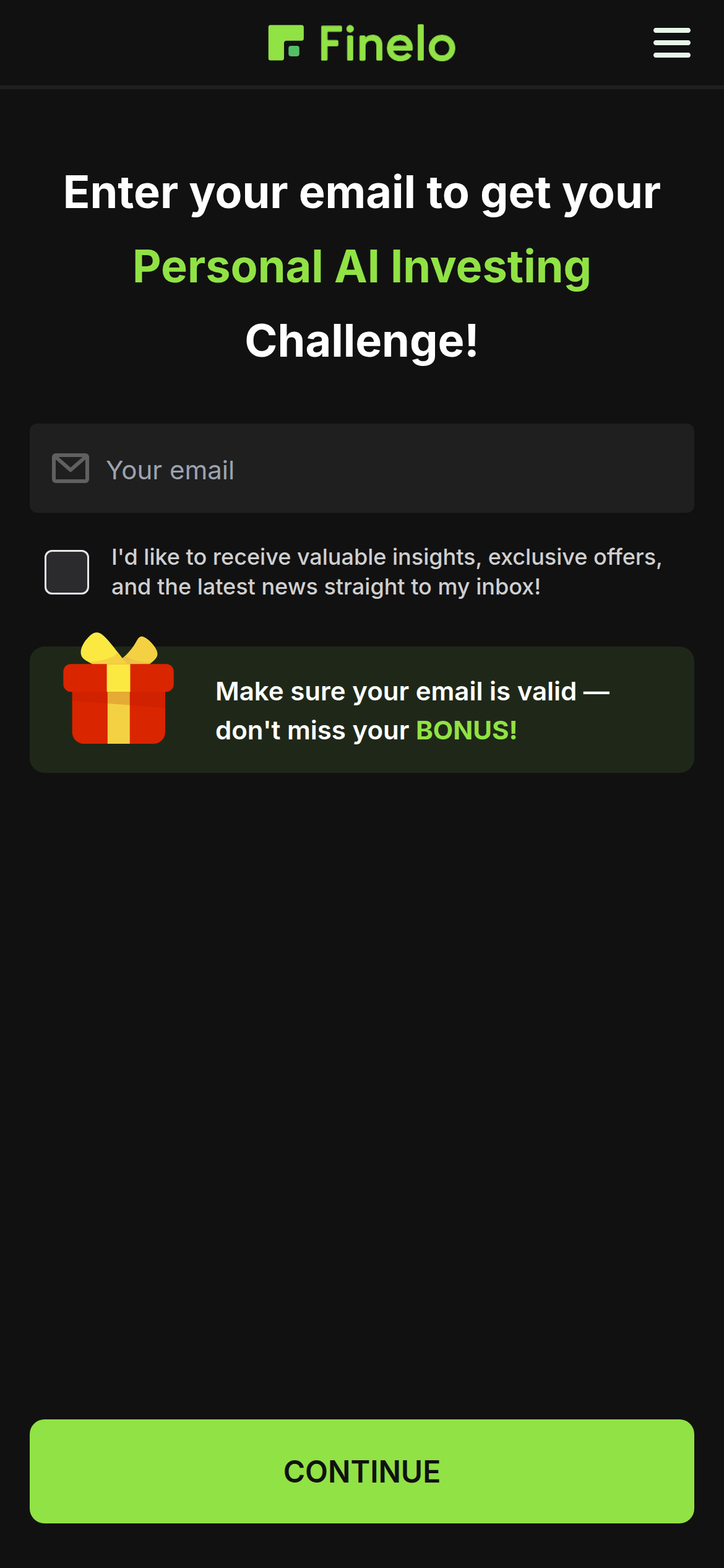 Finelo: email screen - Step 22 of 28