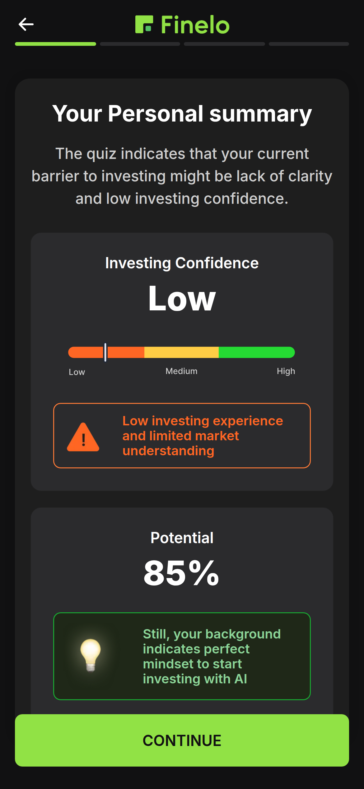 Finelo: result / summary screen
