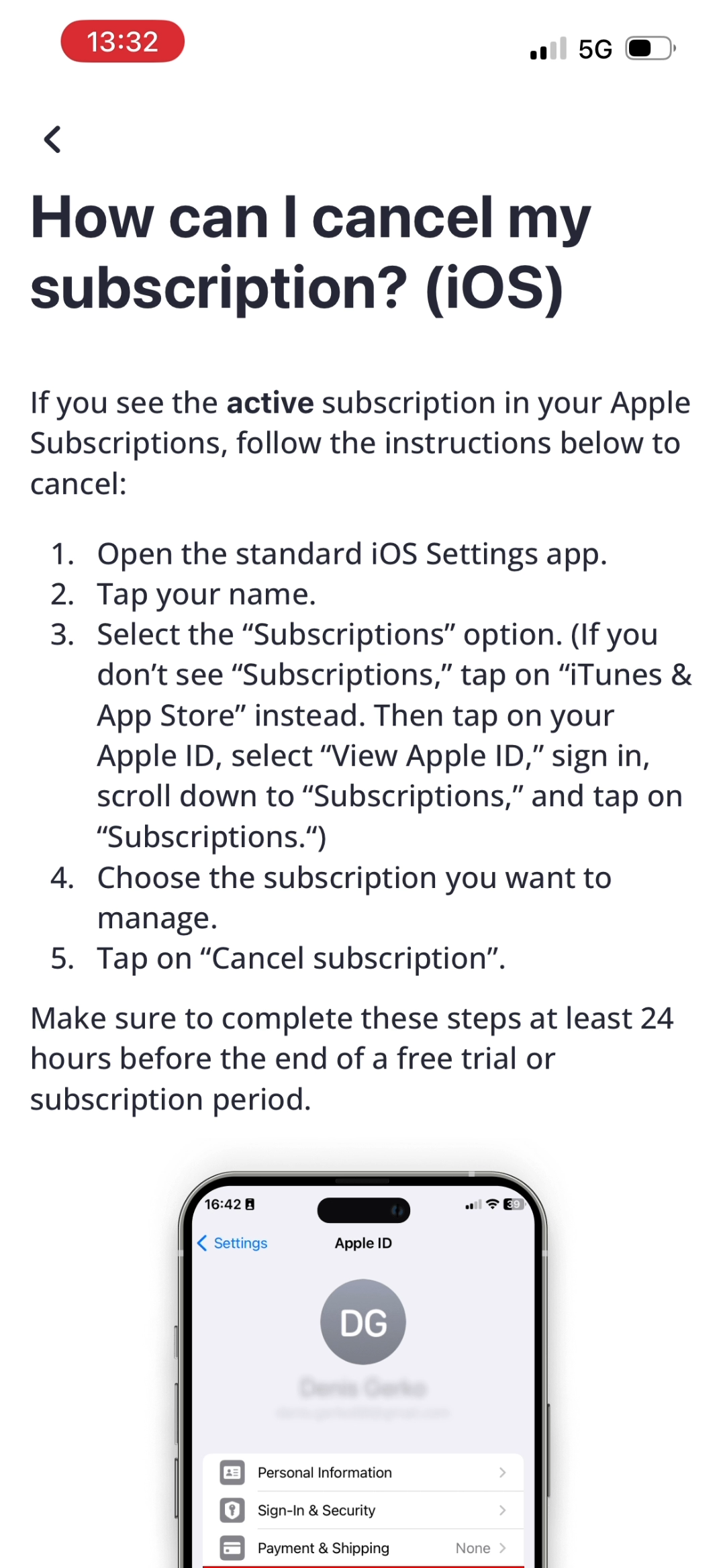 FitMe iOS cancellation instructions