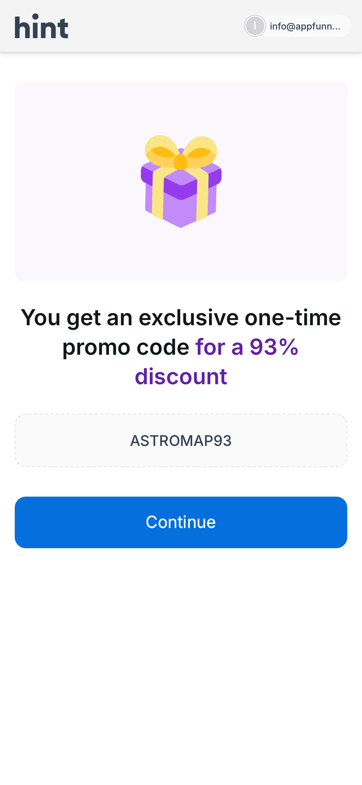 Hint gift box screen with 93% promo code ASTROMAP93, February 2026