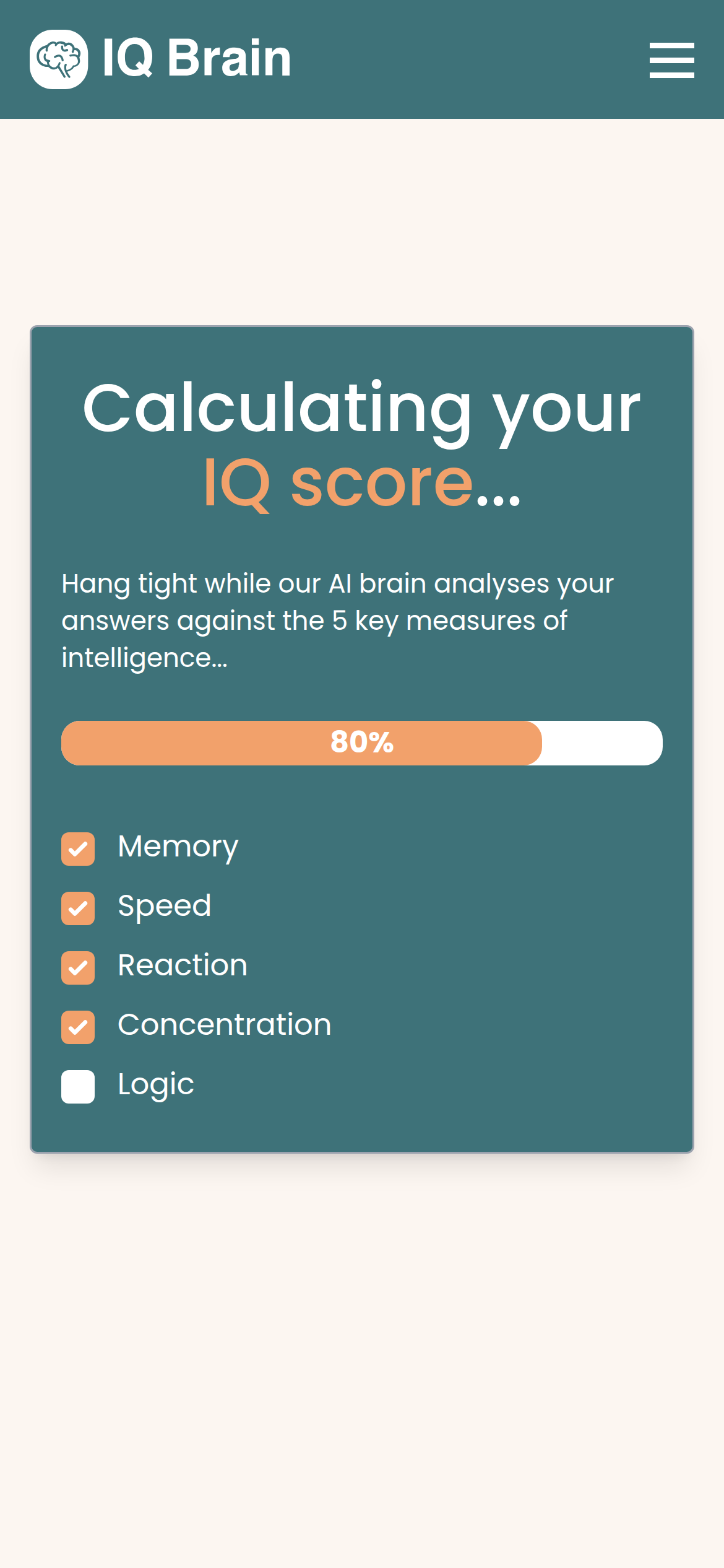 IQ Brain loading screen: our AI brain analyses your answers against the 5 key measures of intelligence