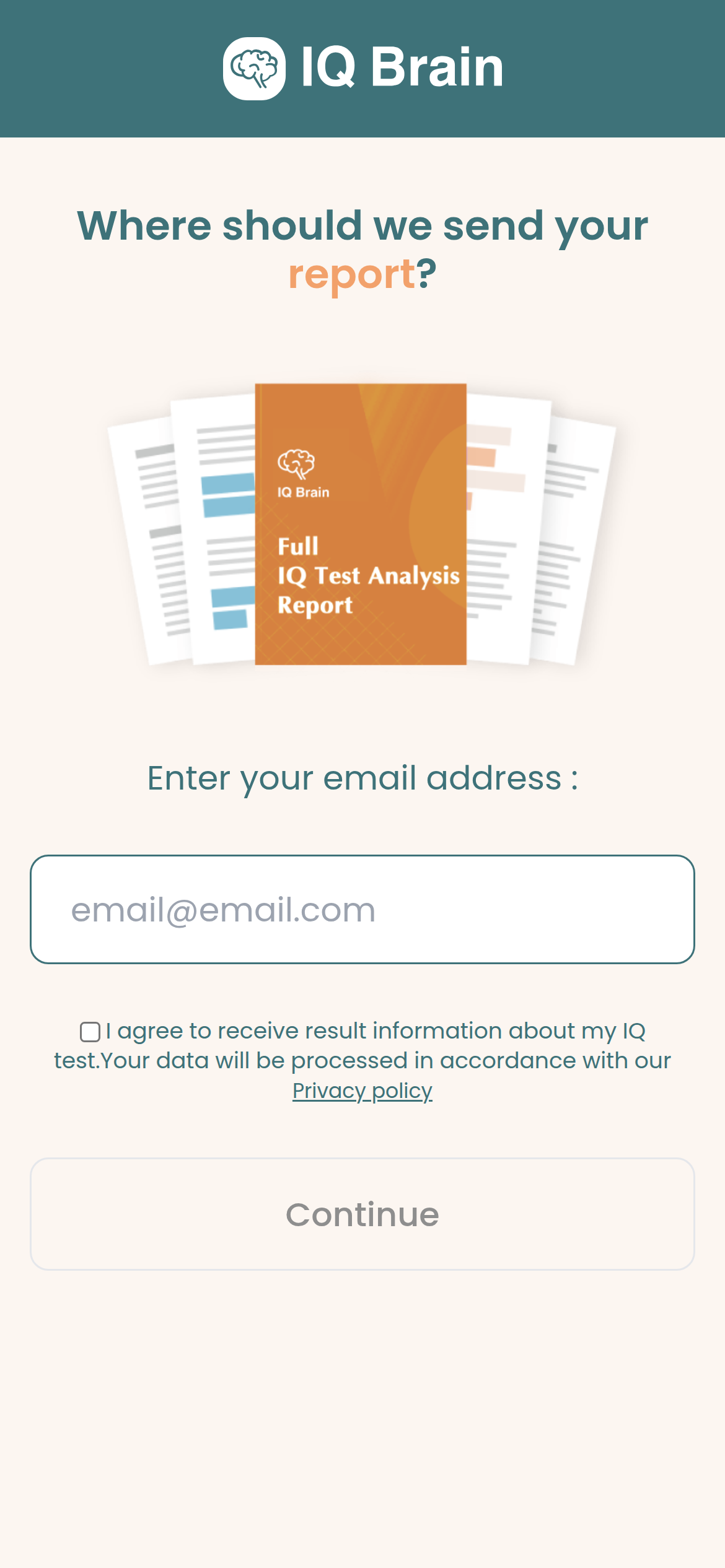 IQ Brain final screen: where should we send your report, with a fan of report mockups