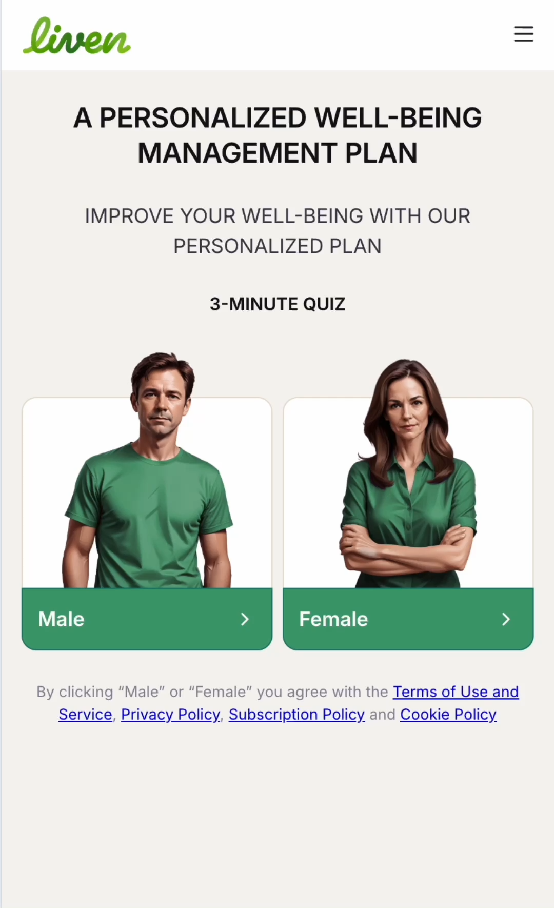 Liven entry screen: gender buttons as the only path in, 3-minute quiz pill, click-wrap consent