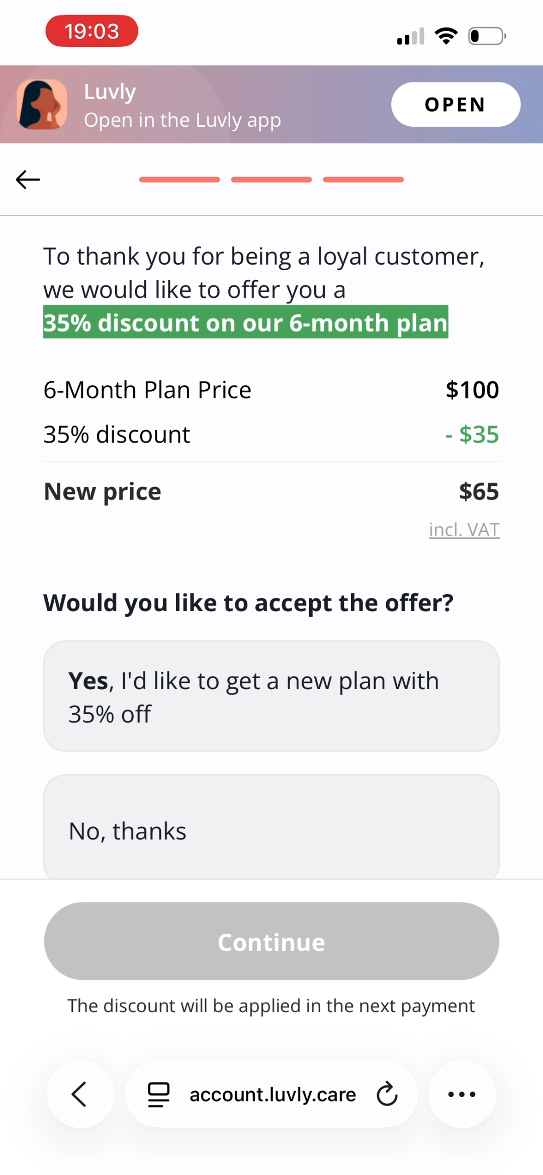 Luvly 35% off 6-month plan