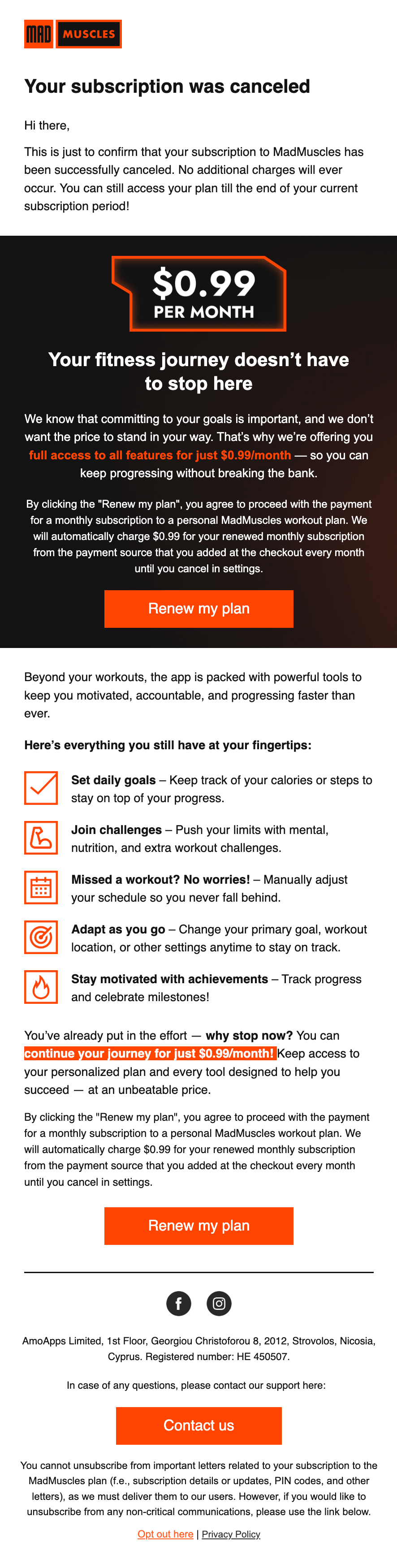 MadMuscles $0.99 per month win-back email