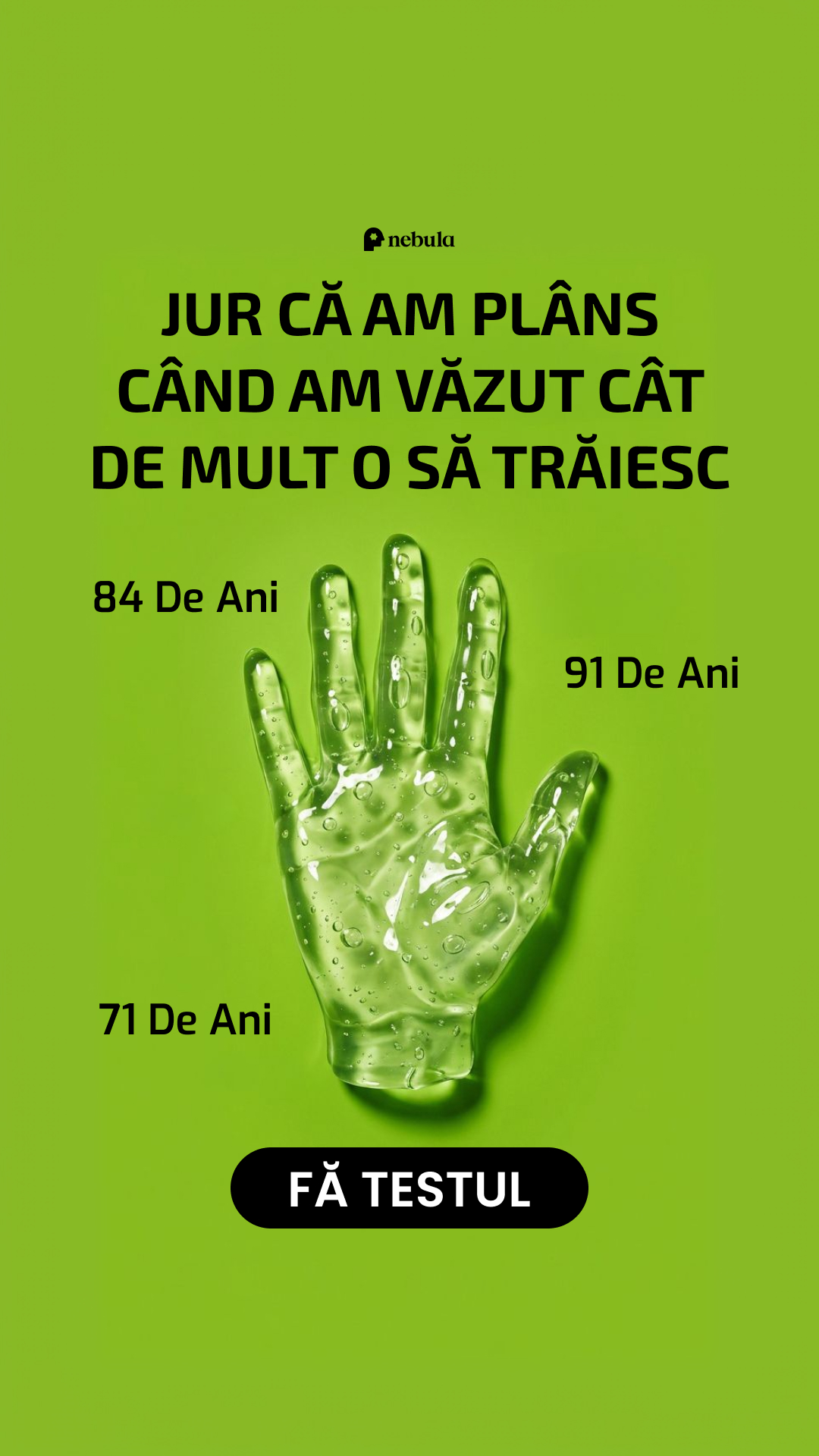Nebula palm-reading ad with a Take the Test button, Romanian copy