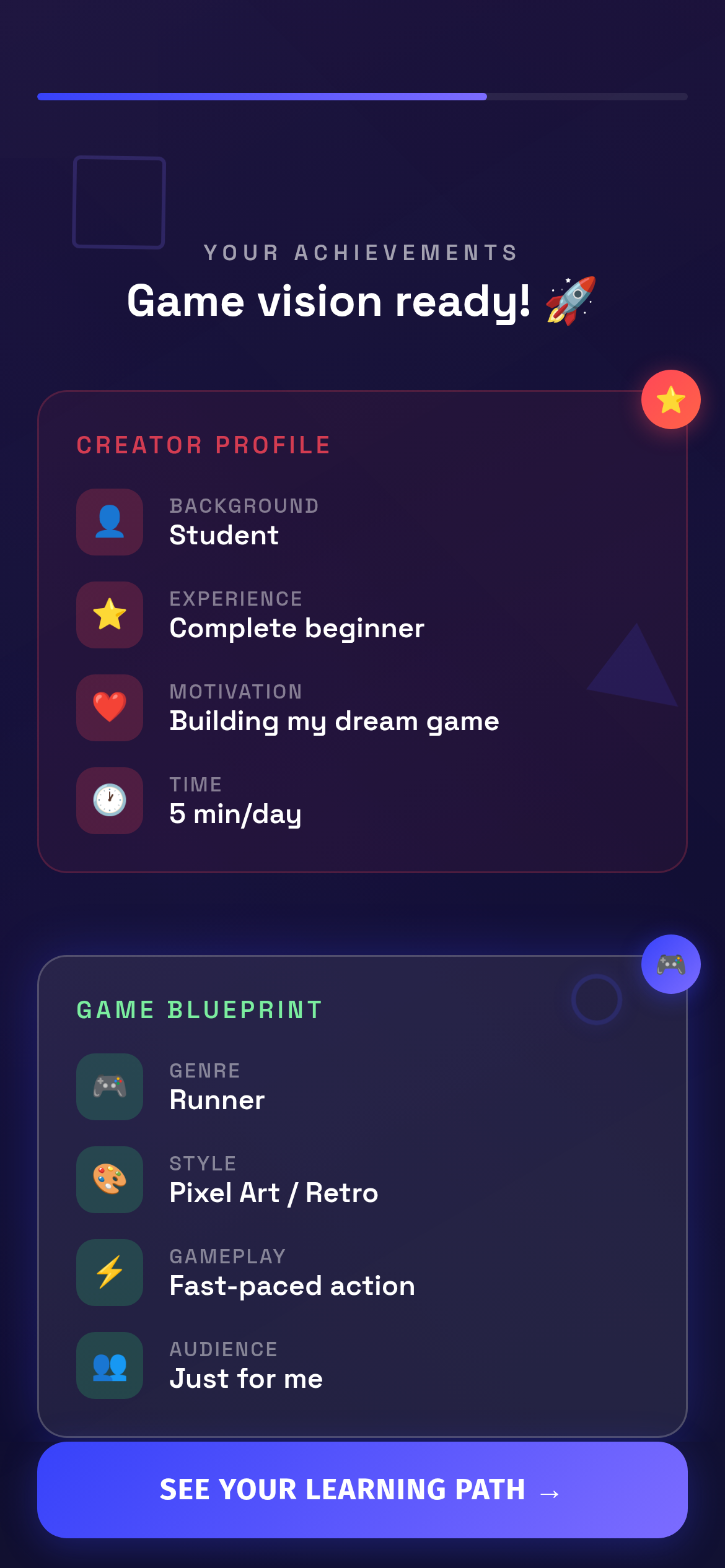 Sololearn results: Game vision ready! with a Creator Profile card echoing the user's own answers