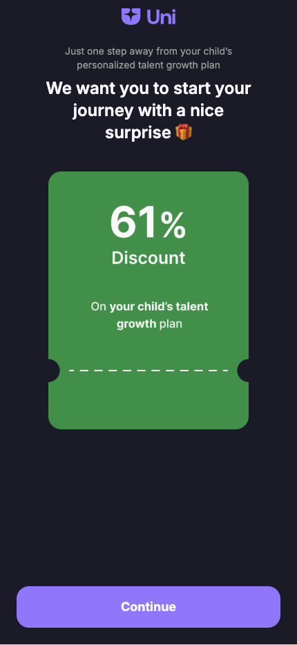 Uni 61% discount coupon ticket screen, May 2026