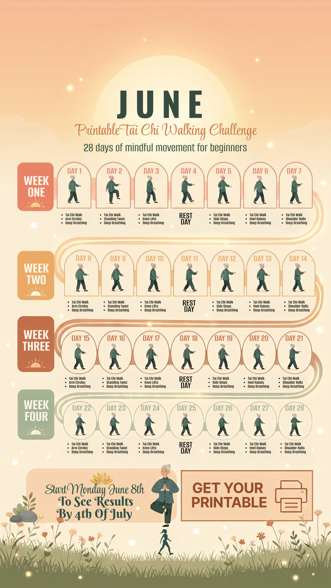 WalkFit June printable: a 28-day Tai Chi walking challenge calendar