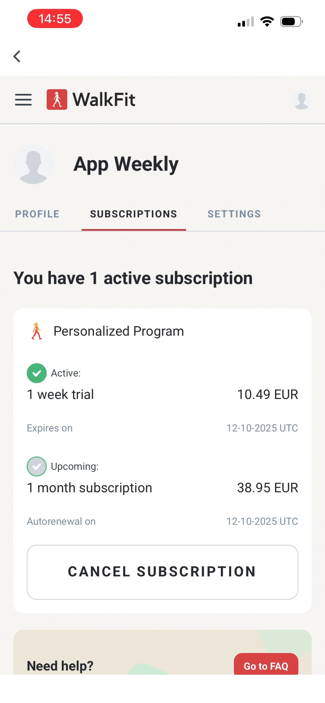 WalkFit subscription screen