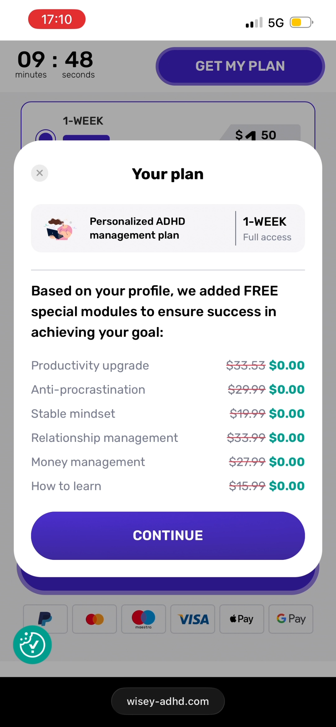 Wisey order summary with bonus modules