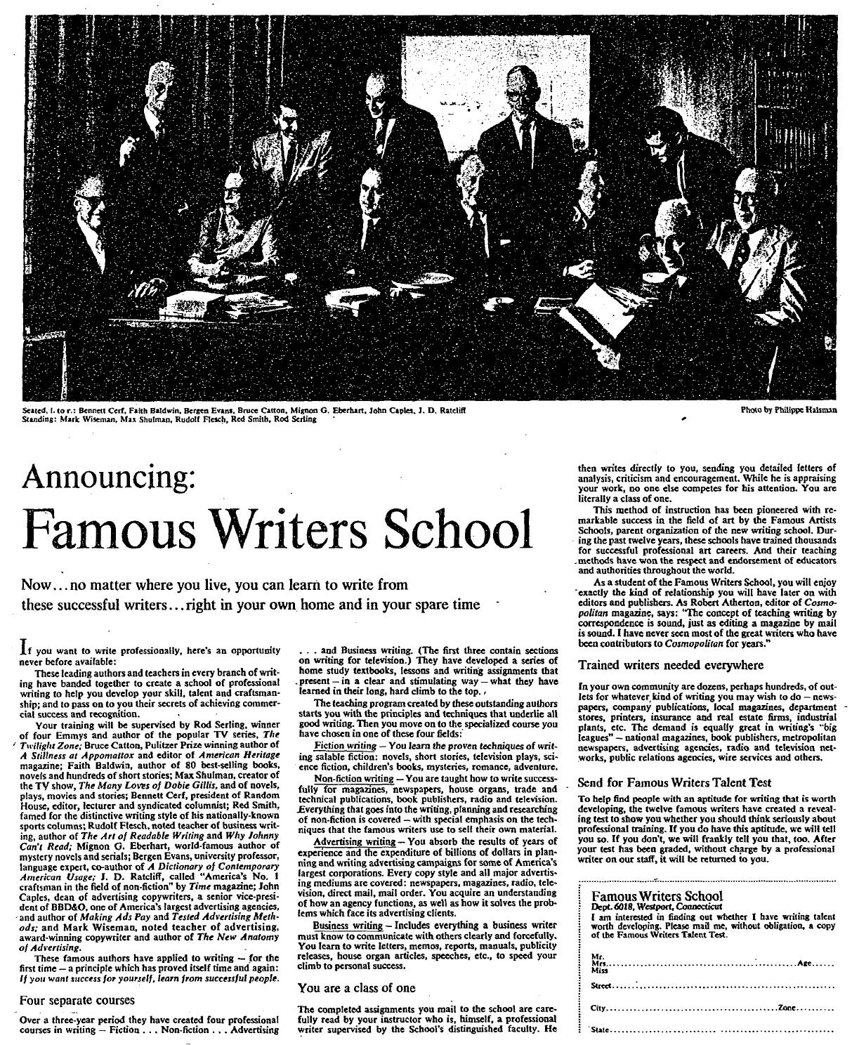 1960s newspaper ad: Announcing: Famous Writers School, with a staged photo of the famous writers around a table