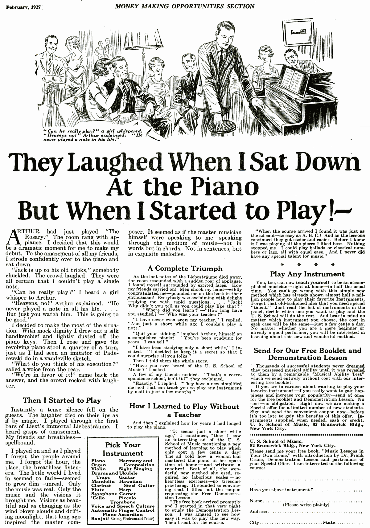 John Caples's 1920s mail-order ad for the U.S. School of Music, headline 'They Laughed When I Sat Down at the Piano But When I Started to Play!'
