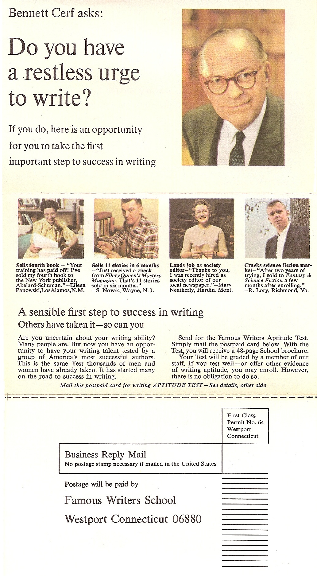 Famous Writers School recruiting postcard: Bennett Cerf asks, Do you have a restless urge to write? Mail this postpaid card for writing aptitude test