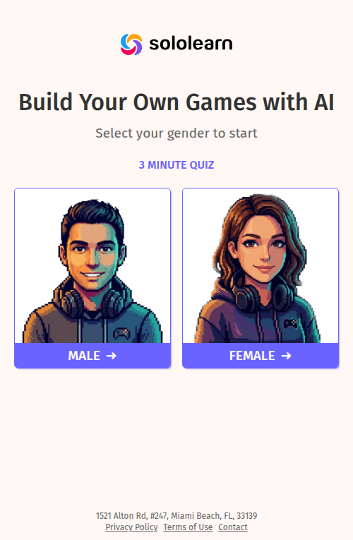 Sololearn quiz entry: Build Your Own Games with AI, select your gender to start, with MALE and FEMALE buttons