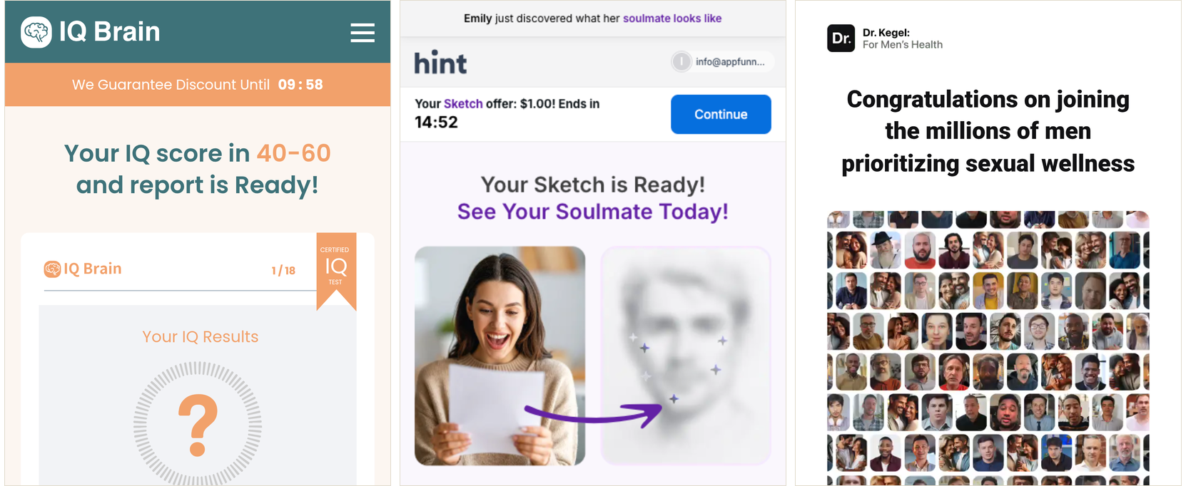 Three web2app quiz-funnel verdict screens side by side — iq-brain 'Your IQ score is Ready!', hint 'Your Sketch is Ready!', kegel-plan 'Congratulations on joining the millions' — every one delivering a you-qualify verdict