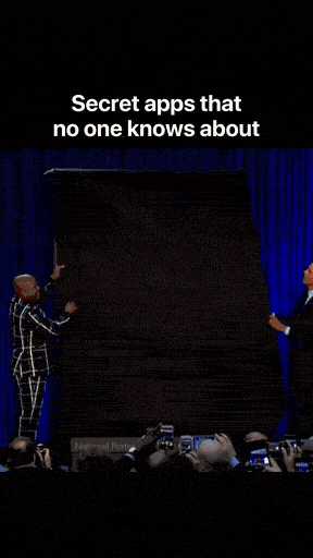 Blinkist ad: text reads Secret apps that no one knows about, then two men pull back a curtain to reveal Blinkist