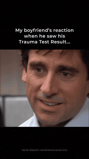 Trauma-test ad: a results card names a trauma type, then a chart scores the viewer 95% anxiety