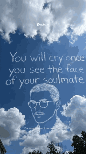 Soulmate-reveal ad: cloud text promises to show your soulmate's face, then a Take Test button appears