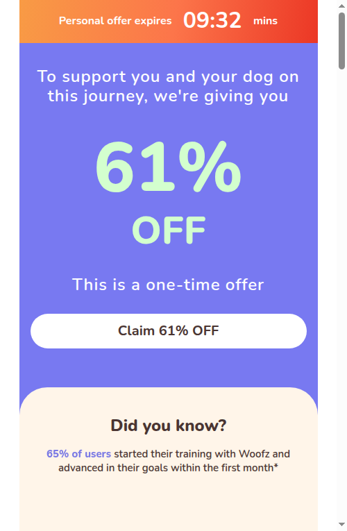 Woofz paywall — 61% off countdown