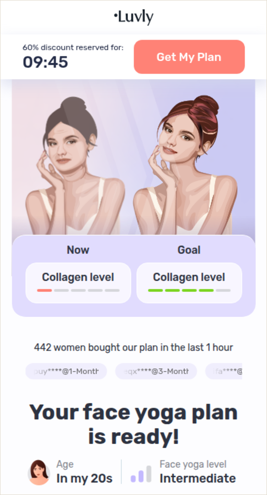 Luvly paywall with countdown, social proof ticker, and collagen Now/Goal bars