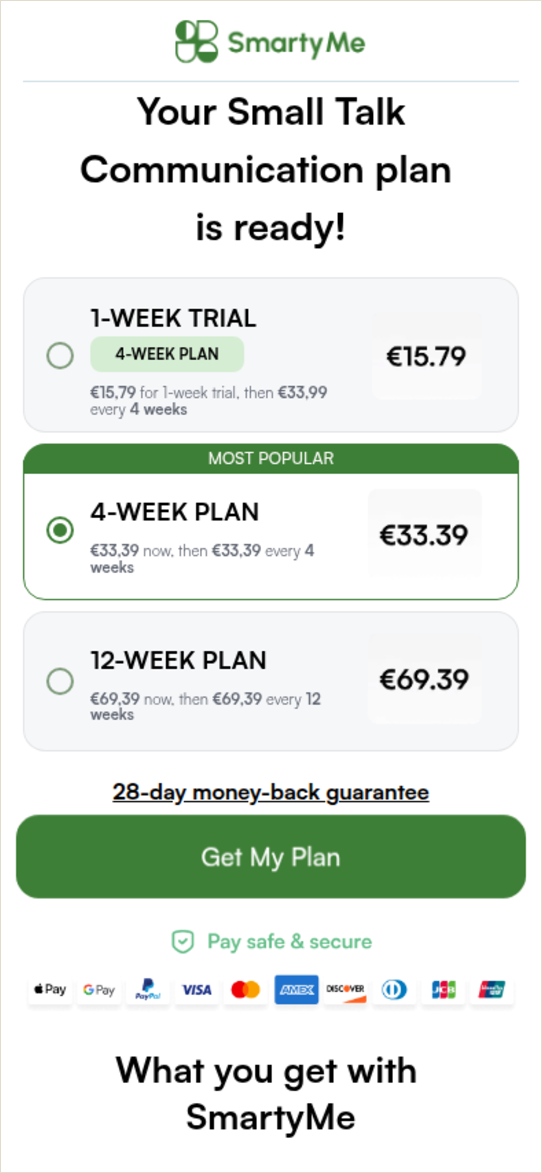 SmartyMe paywall with trial anchor tier, pre-selected most popular plan, money-back guarantee