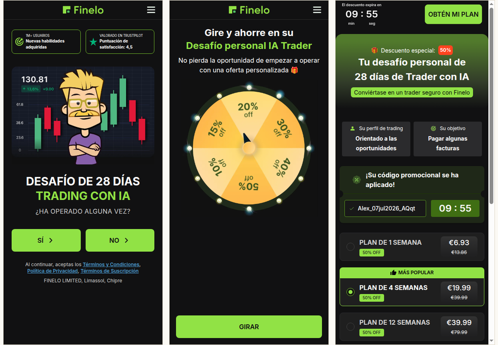 Finelo Spanish funnel: AI trader landing, discount wheel, Spanish paywall