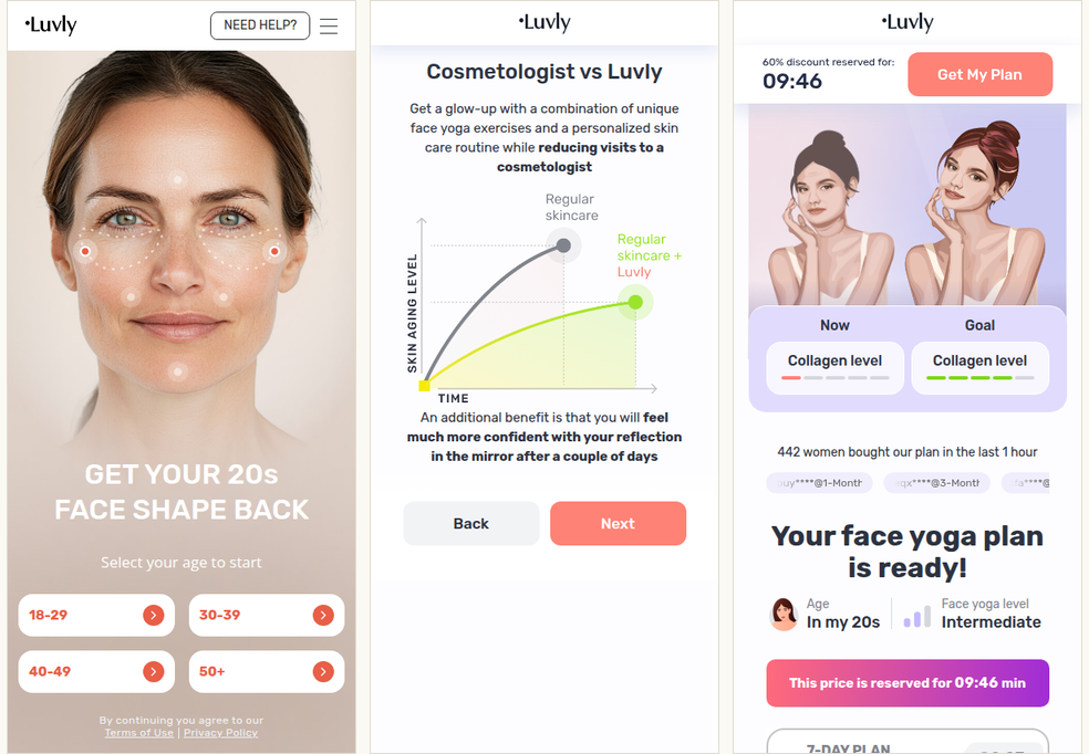 Luvly funnel: age-select hook, cosmetologist comparison chart, countdown paywall