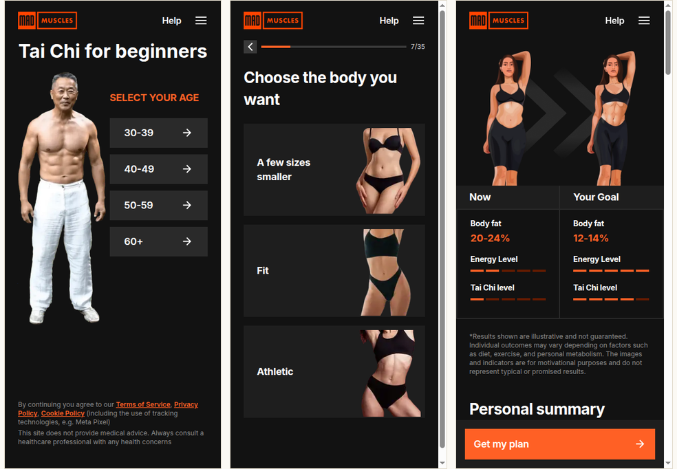 MadMuscles Tai Chi funnel: landing, body-goal picker, transformation paywall