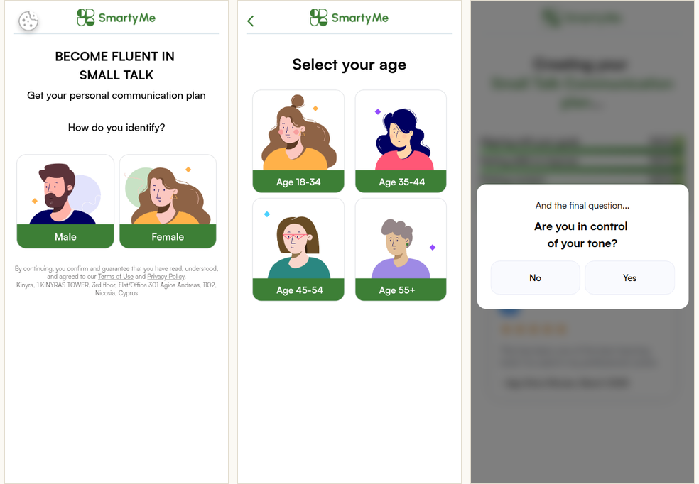 SmartyMe funnel: landing, illustrated age picker, the final question