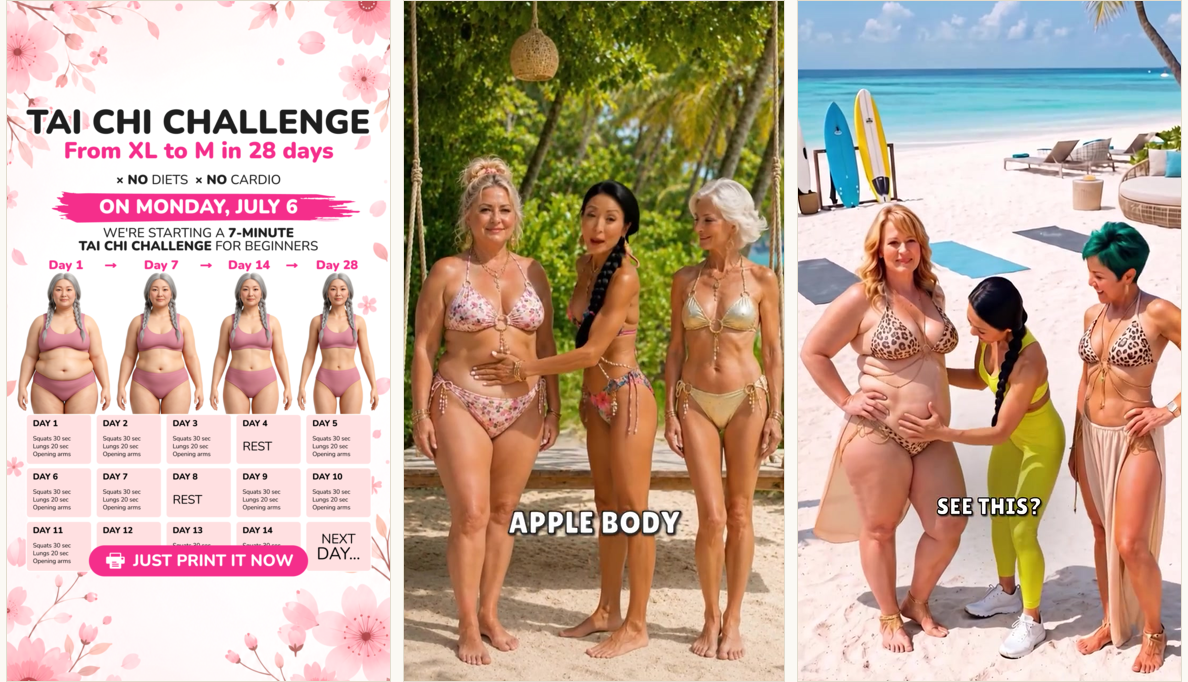 Three distinct Yoga-Go Tai Chi ad creatives: 28-day challenge calendar, and two beach video hooks
