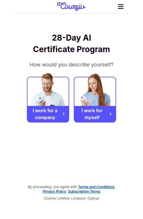 Coursiv /dynamic landing: '28-Day AI Certificate Program — How would you describe yourself?' with 'I work for a company' / 'I work for myself'