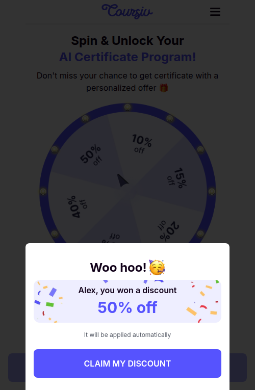 Coursiv spin-wheel result: 'Woo hoo! Alex, you won a discount 50% off — it will be applied automatically', Claim My Discount