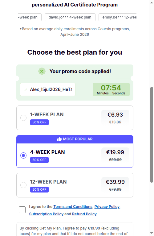 Coursiv paywall: promo code applied, 7:54 countdown, 1-week/4-week/12-week EUR plans at 50% off