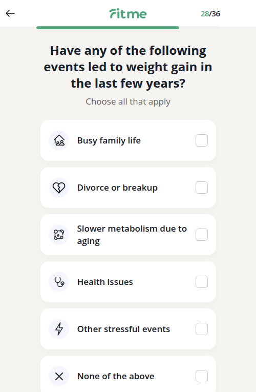 FitMe intro-116 quiz, screen 34: 'Have any of the following events led to weight gain?' with a multi-select checklist, progress bar at 28 of 36