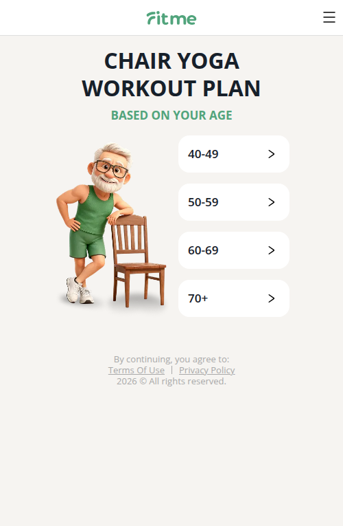 FitMe landing: 'Chair Yoga Workout Plan based on your age' with age brackets 40-49, 50-59, 60-69, 70+