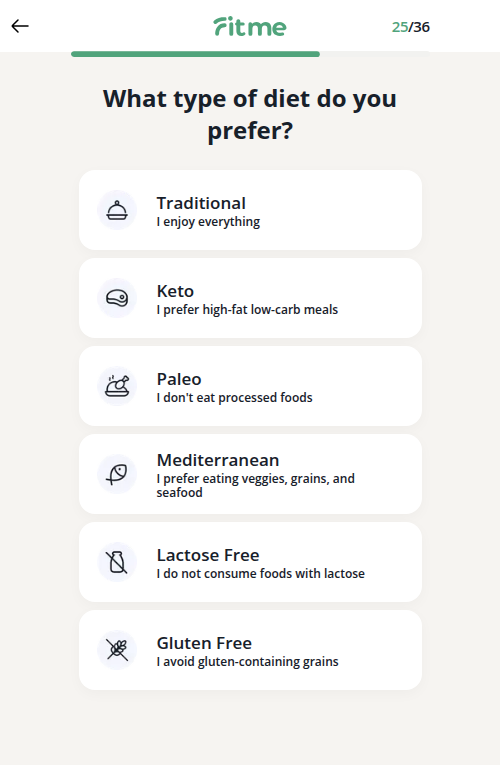 FitMe quiz screen 25 of 36: 'What type of diet do you prefer?' with six one-tap options