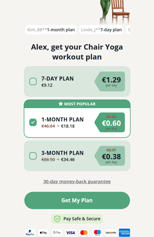 FitMe paywall: 7-day, 1-month (most popular, default) and 3-month plans in EUR