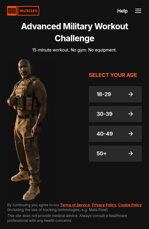 MadMuscles landing: 'Advanced Military Workout Challenge, 15-minute workout, no gym, no equipment' with a SELECT YOUR AGE gate